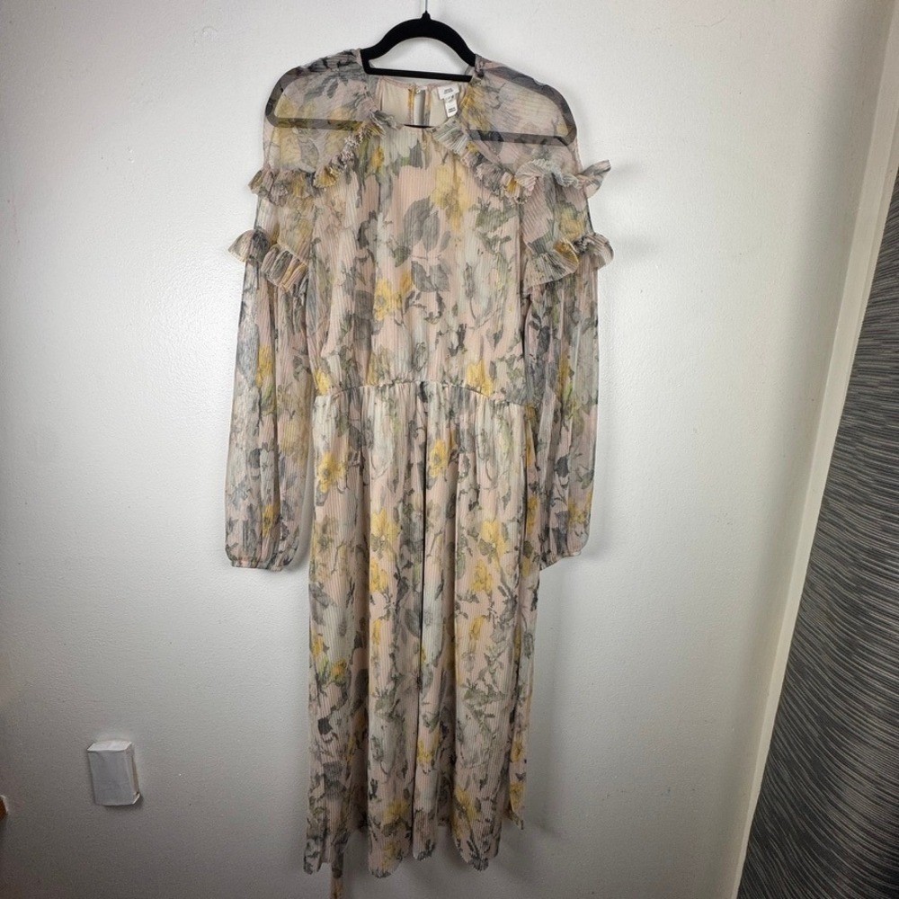 River Island Floral Pleated Mesh Midi Dress Womens 14 Pink Yellow Ruffle Belted